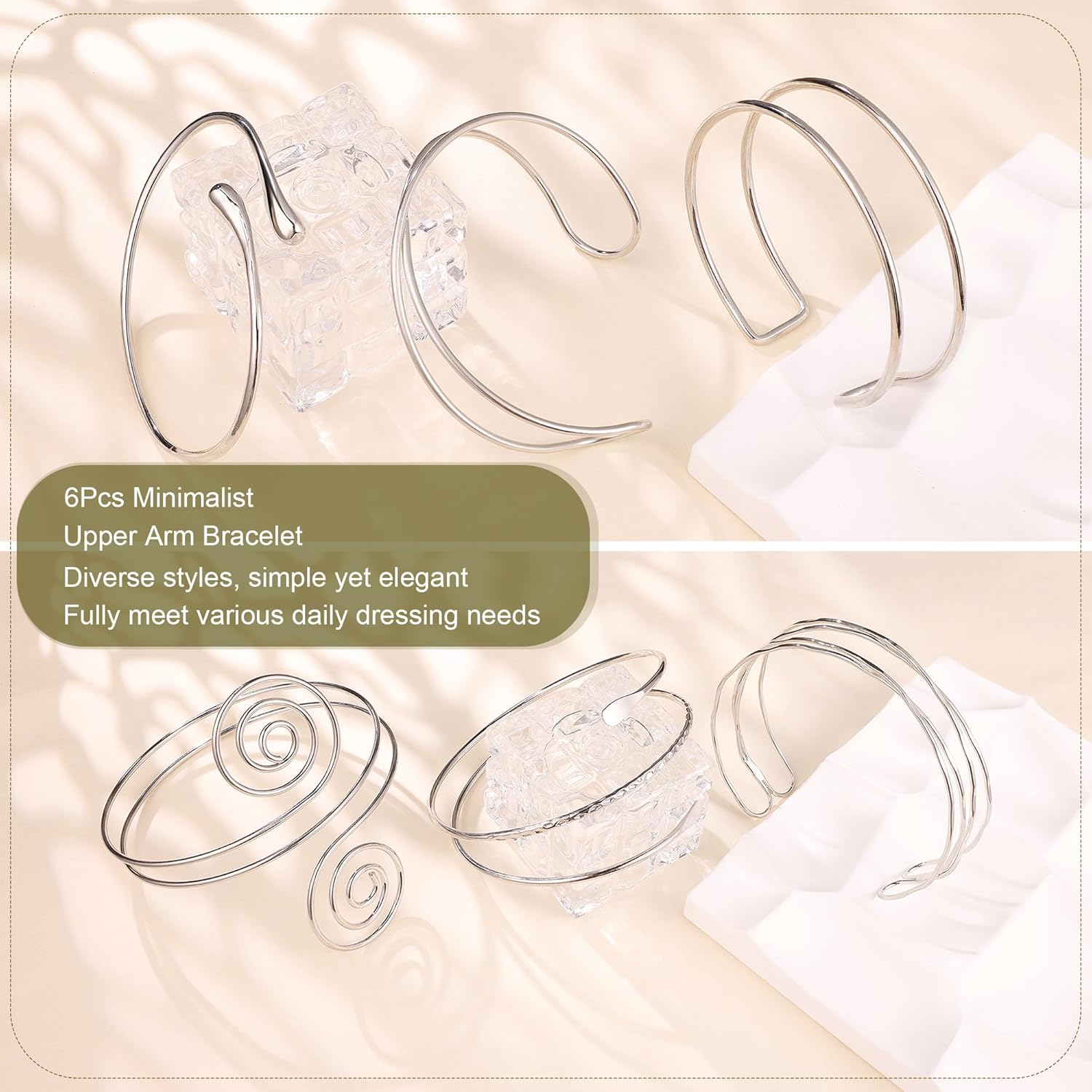 6Pcs Boho Coil Arm Cuff Bangle Set - Adjustable Minimalist Open Arm Cuff Armlet Armband