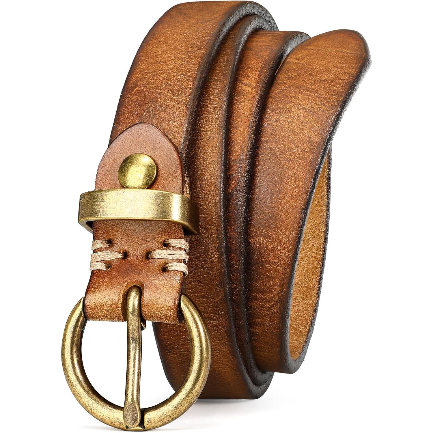 SANSTHS Womens Genuine Leather Belts for Jeans Pants Trendy Vintage Thin Leather Belt Gold Buckle Ladies Skinny Waist Belt