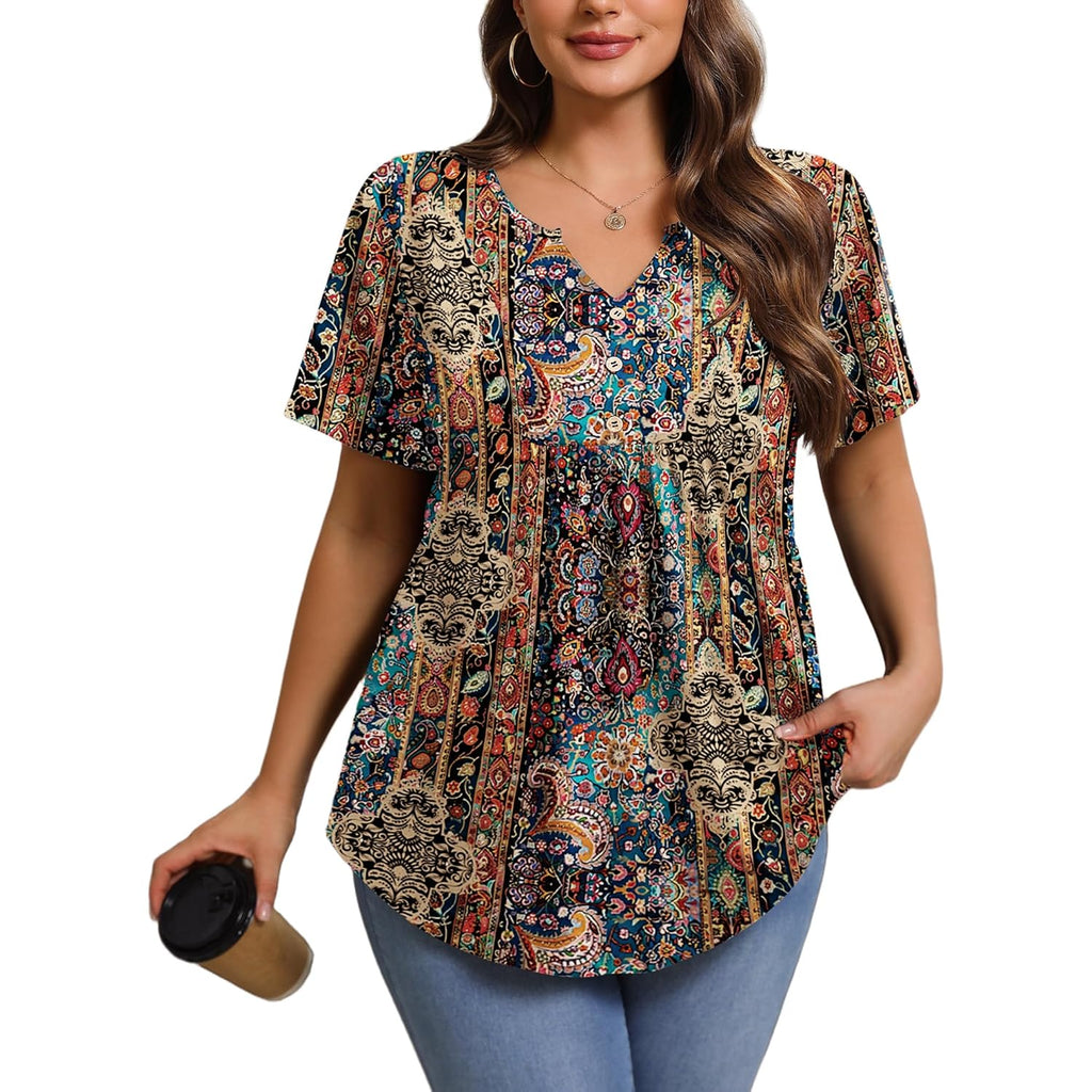 IN'VOLAND Womens Plus Size Tunic Top Summer Short Sleeve T-Shirt V-neck Button Up Dressy Blouse Casual Pleated Pullover 1X-5X