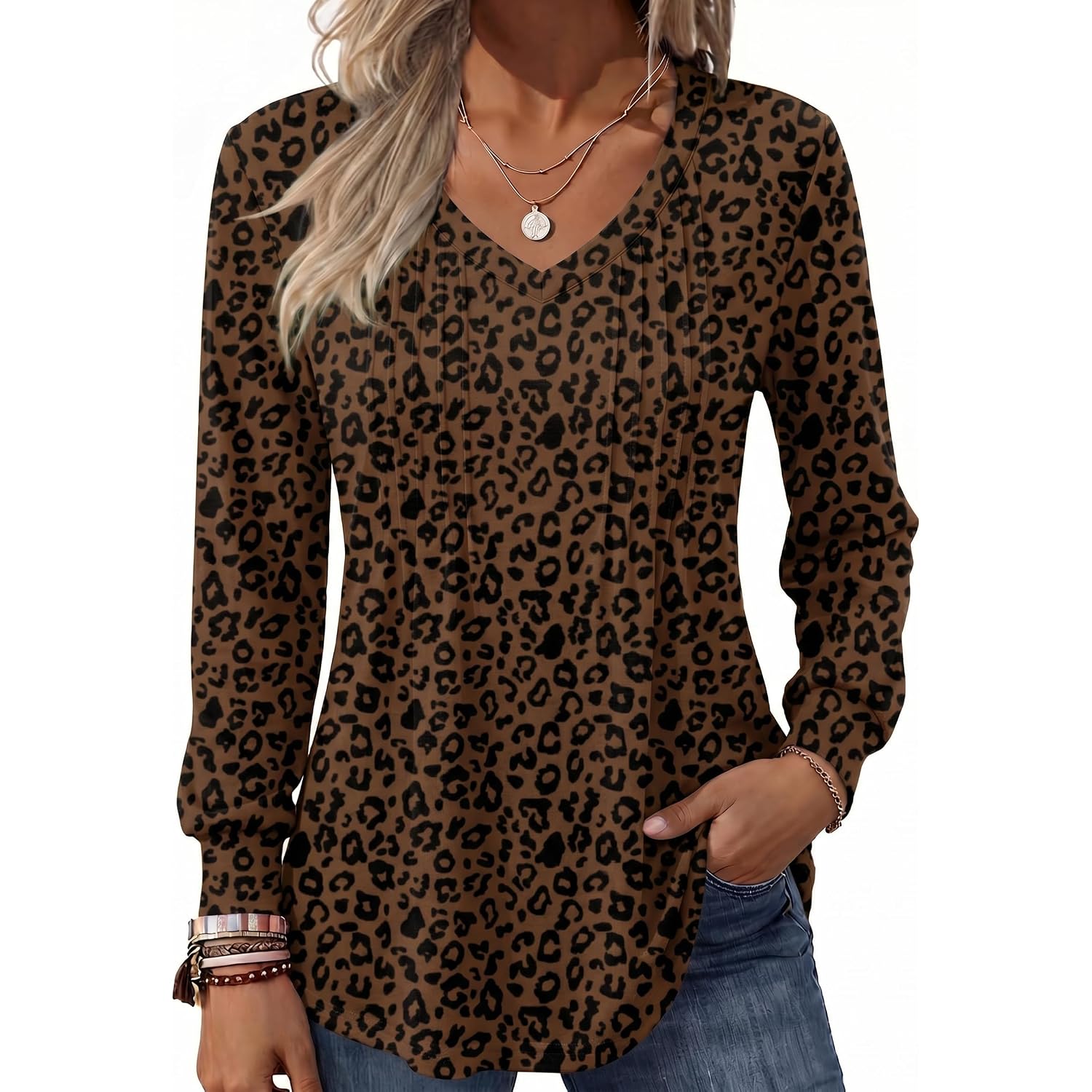 Zeagoo Women's Puff Long Sleeve Shirts Pleated V Neck Fall Tunic Tops Blouse Dressy Casual Summer T-Shirts
