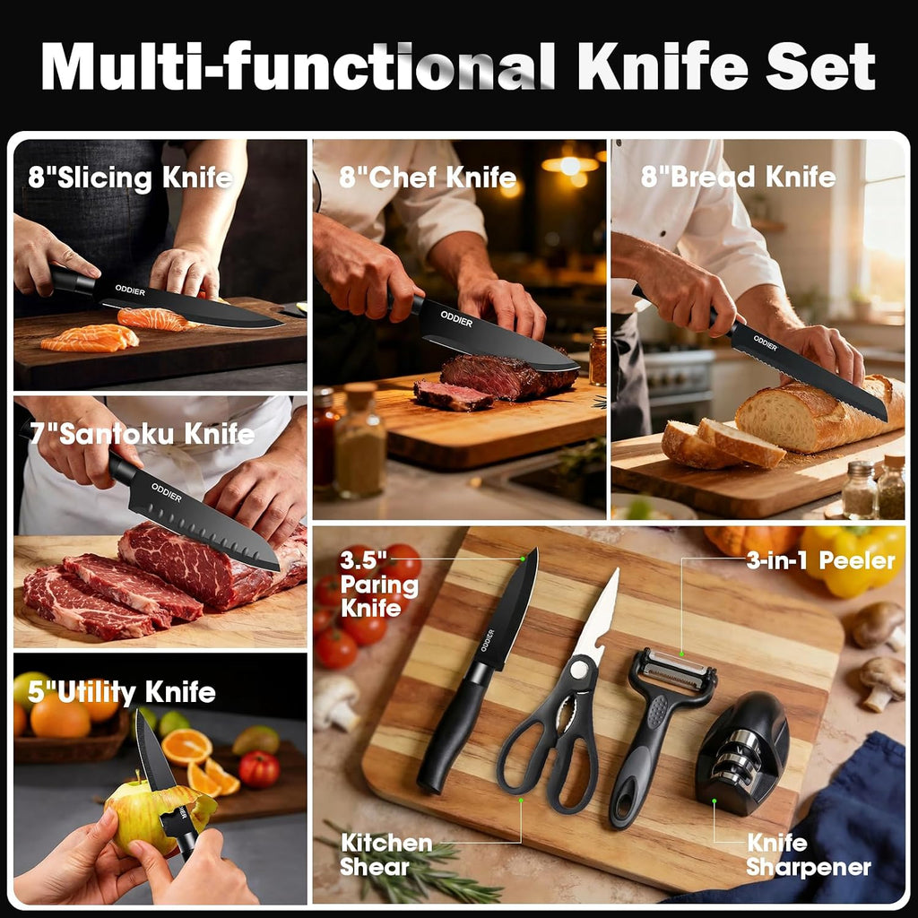 Knife Set, 10 Piece Kitchen Knife Set With Block And Sharpener, Anti-Rust Stainless Steel Knives Set For Kitchen, Chef Universal Knife Block Set, Dishwasher Safe, Ergonomical Design, Black