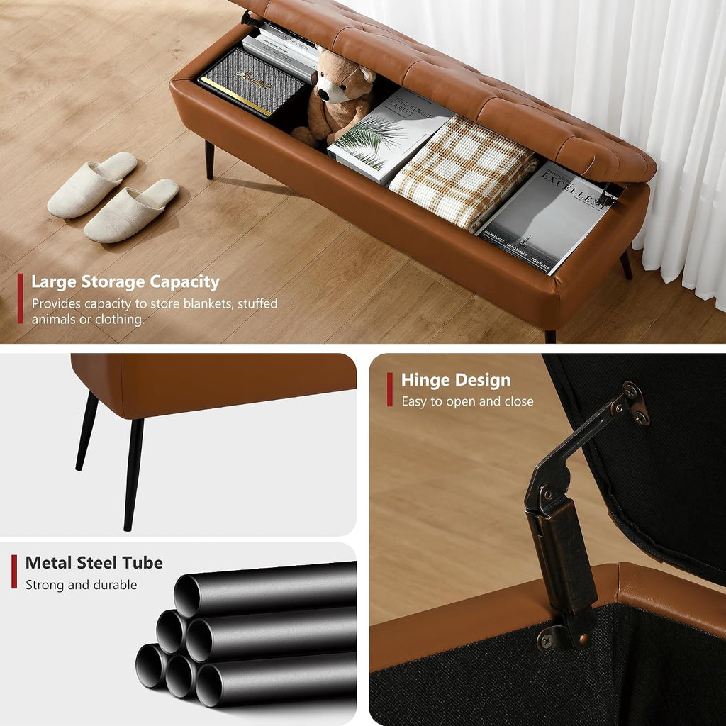 Leather Storage Ottoman Bench,End Of Bed Bench For Living Room Bedroom Dinning Room Entryway,Mid-Century Modern, With Steel Legs,Safety Hinges, Loads 660 Lb (With Button, Brown)