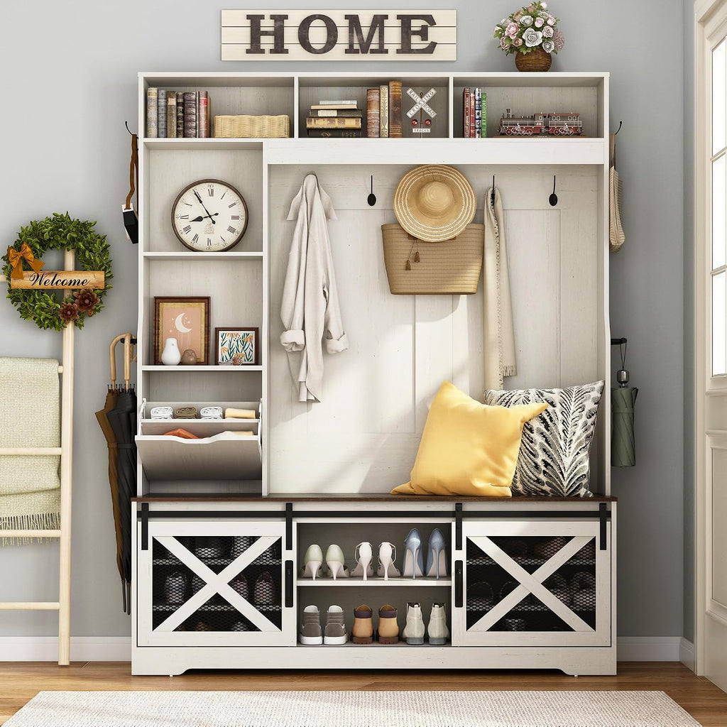 75''H 59''W Large Led Farmhouse Hall Tree With Bench And Shoe Storage,Entryway Bench With Coat Rack,16 Shoe Cubbies & Umbrella Holder And Sock Storage Drawer,Mudroom/Hallway Storages Cabinet(White )