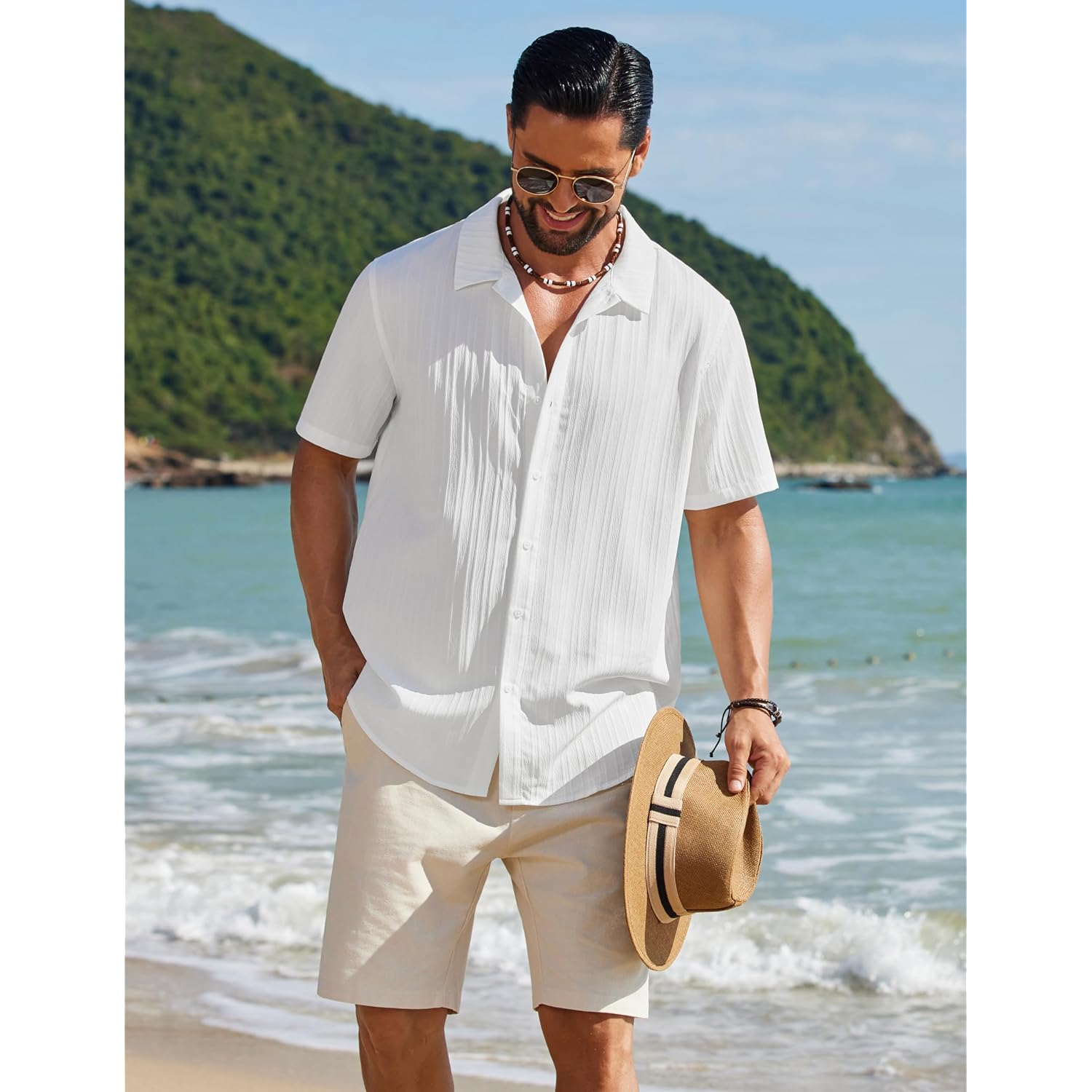 Coofandy Men'S Short Sleeve Casual Button Down Shirts Textured Summer Beach Shirt