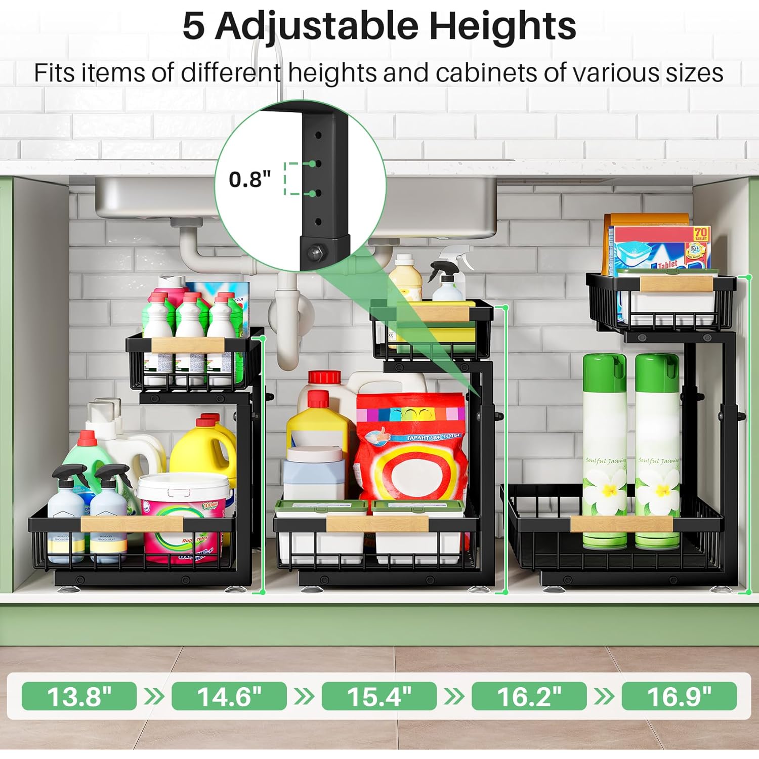 Kitstorack Under Sink Organizer, 2 Tier Under the Sink Storage, Slide out Pull out Cabinet Organizer Shelf, Metal Sliding Drawer for Kitchen Bathroom Pantry Closet Organization Rack, Black, 2 Pack