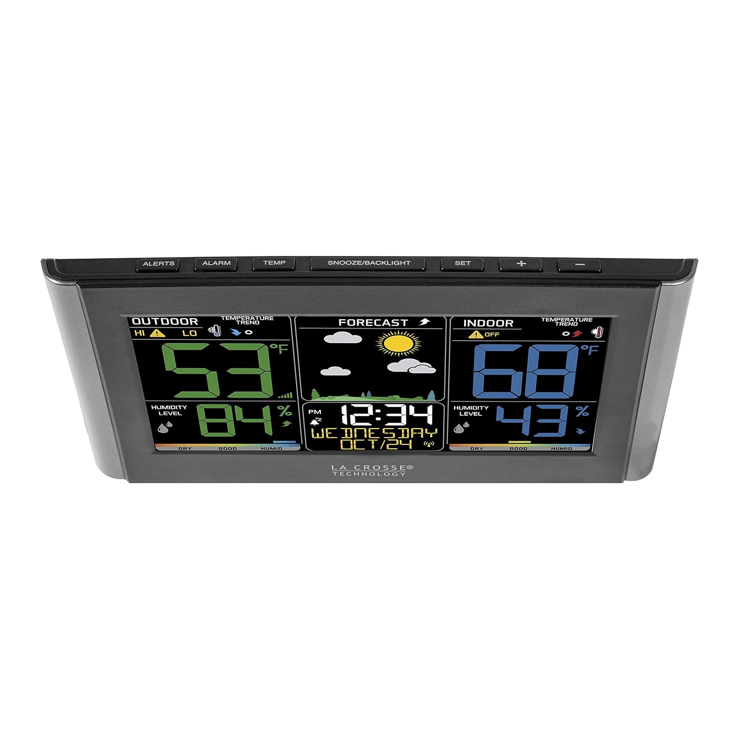 La Crosse Technology Weather Station With Customizable Alerts, Weather Forecast, Temperature, Dew Point, Humidity, Time, Heat Index, Large Display, Adjustable Brightness, Wireless, Black, C85845-Int