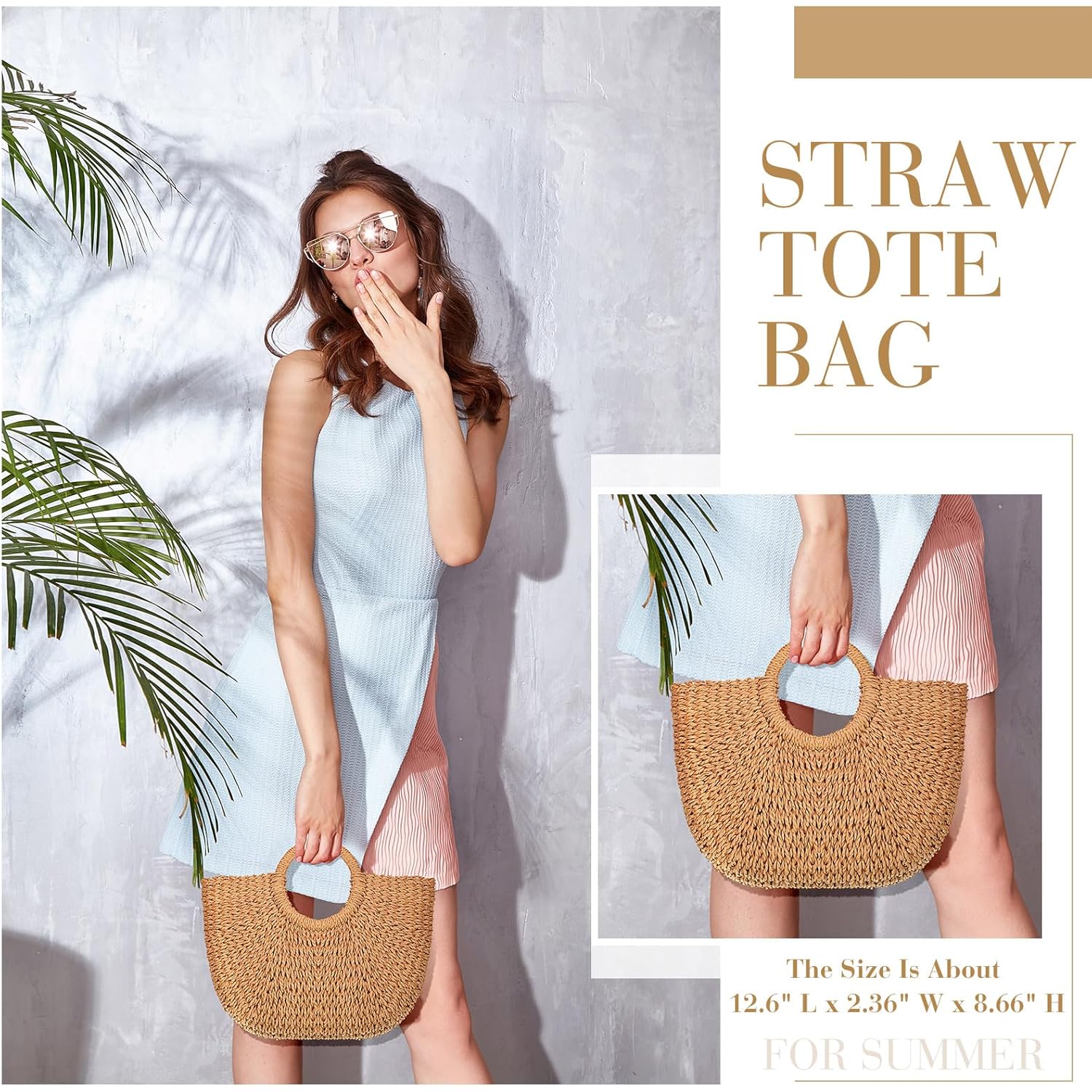 Frienda Straw Tote Bag Summer Beach Bag Handmade Straw Rattan Woven Handbag for Women Travel