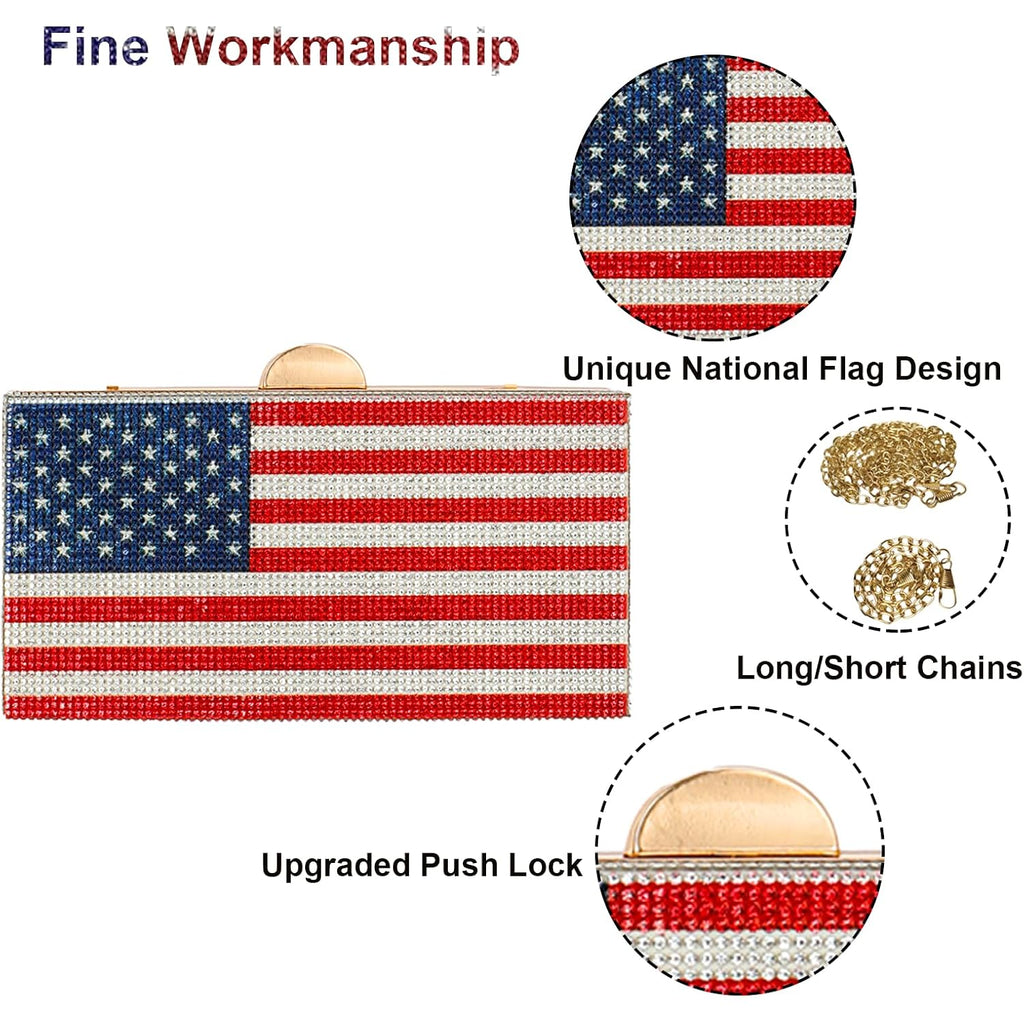 Women'S American Flag Rhinestone Crossbody Evening Purse - Patriotic Red White Blue Clutch Bag For National Celebrations Evening Bag Flag Purse