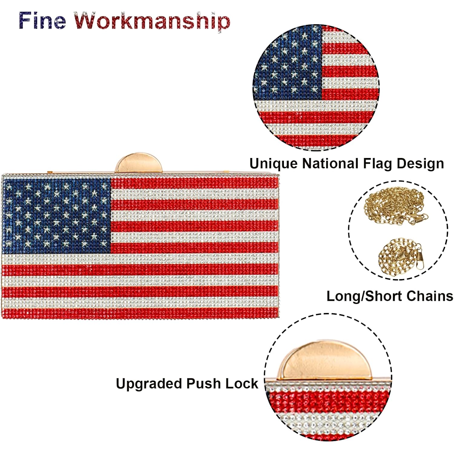Women'S American Flag Rhinestone Crossbody Evening Purse - Patriotic Red White Blue Clutch Bag For National Celebrations Evening Bag Flag Purse