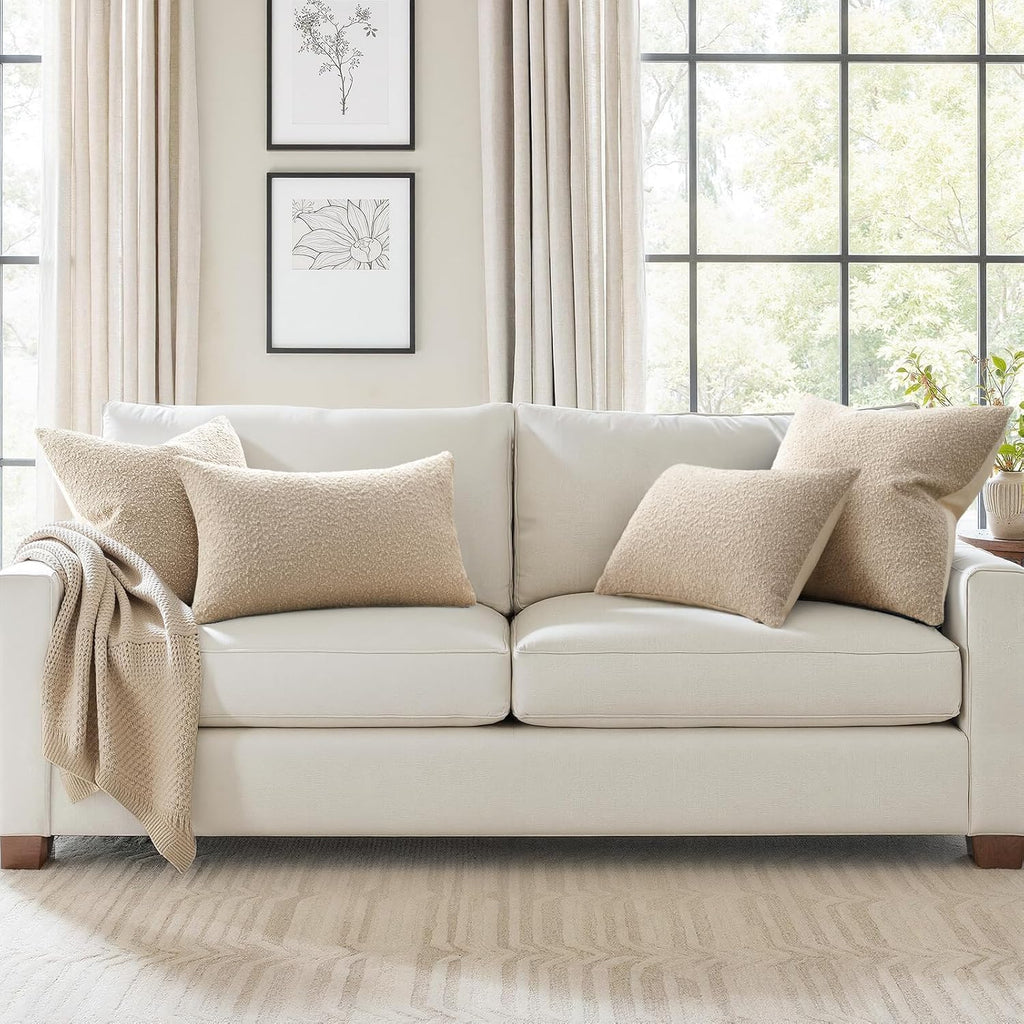Topfinel Beige White Boucle Pillow Cover Set of 4 Complete Sofa Layering Set Modern Farmhouse & Neutral Chair Sofa Couch Bedding Room Decor (12"x20"x2,18"x18",20"x20")