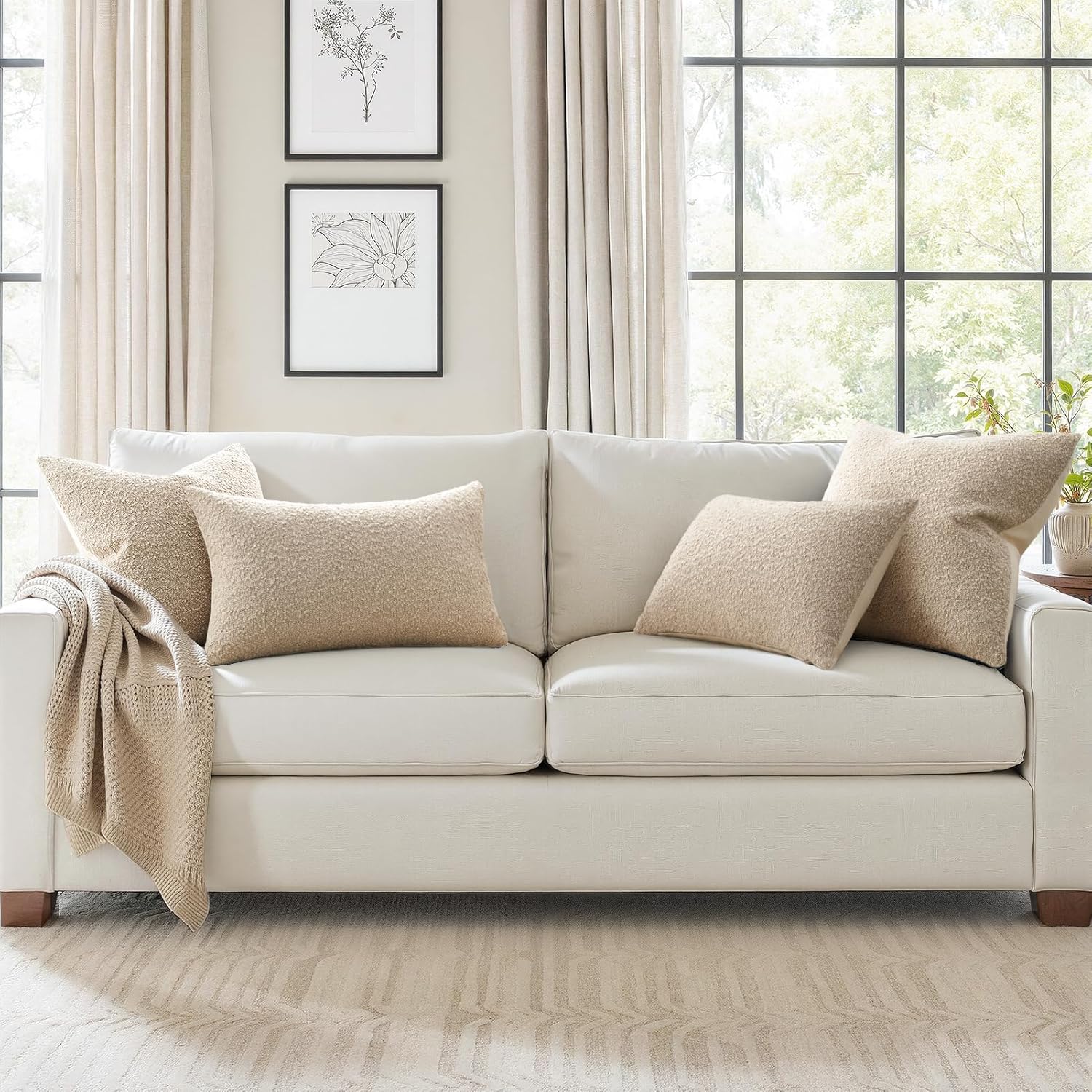 Topfinel Beige White Boucle Pillow Cover Set of 4 Complete Sofa Layering Set Modern Farmhouse & Neutral Chair Sofa Couch Bedding Room Decor (12"x20"x2,18"x18",20"x20")