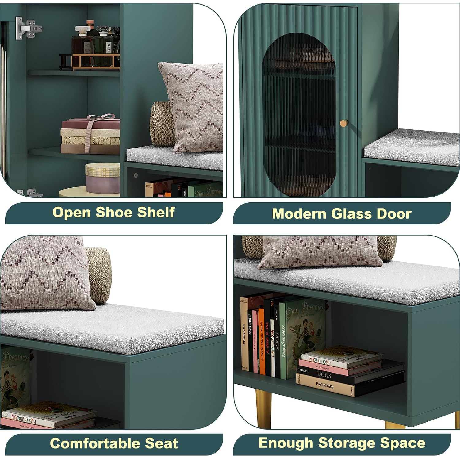 Storage Bench With Glass Door&Shelf, Modern Entryway Shoe Cabinet Bench With Padded Seat, Green L-Shaped Storage Cabinet For Hallway, Bedroom, Living Room, Office