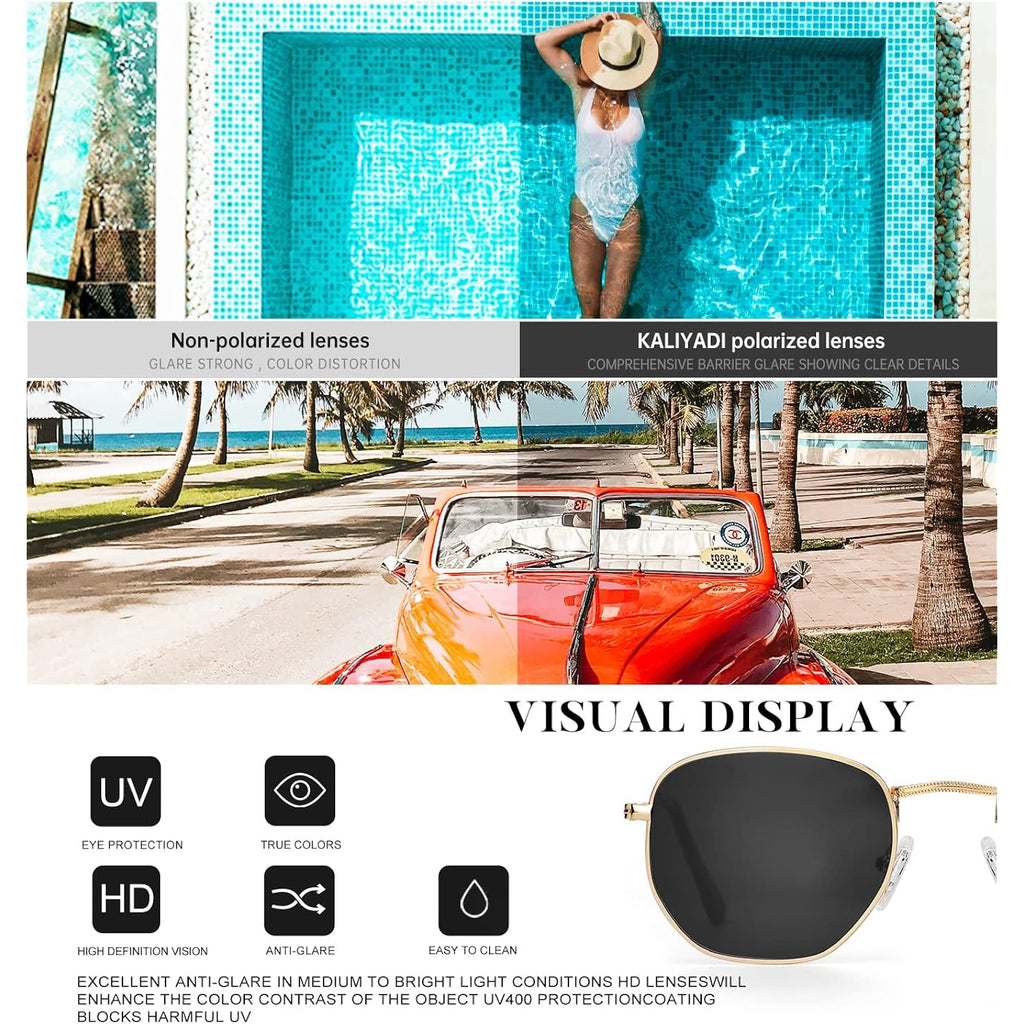 Kaliyadi Sunglasses For Women And Men, Polarized Square Uv Protection, Trendy Metal Frame Hexagon Sunglasses