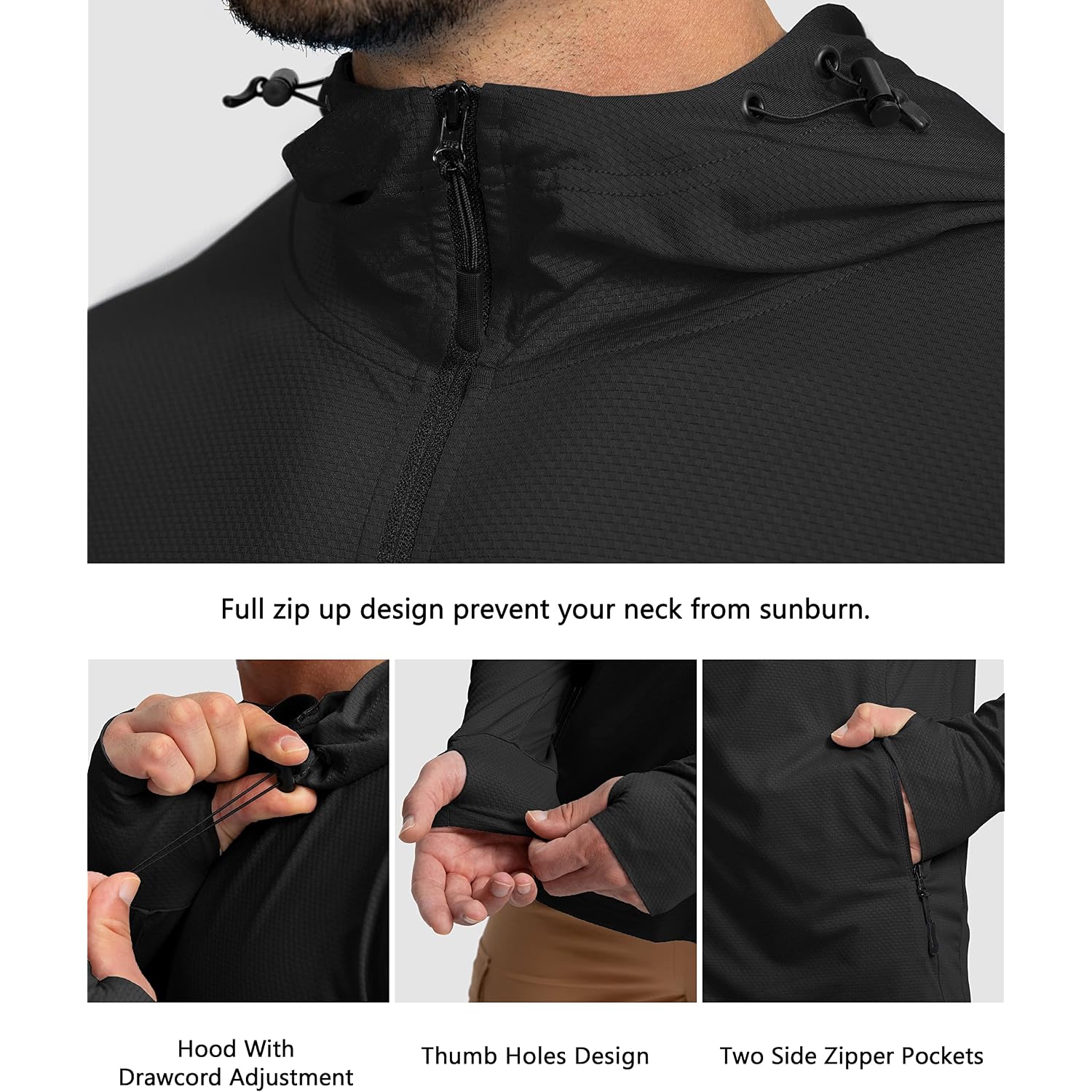 Men'S Upf 50+ Light Jacket Full Zip Sun Protection Hoodie Long Sleeve Sun Shirts For Men Hiking Fishing Zip Pockets