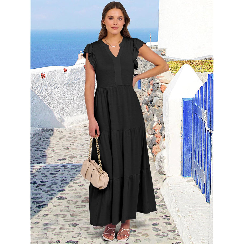 Anrabess Womens Soft Maxi Dresses, Comfy Flowy Tiered Boho Regular Sundress, Summer Casual Wear For Vacation, Beach & Travel