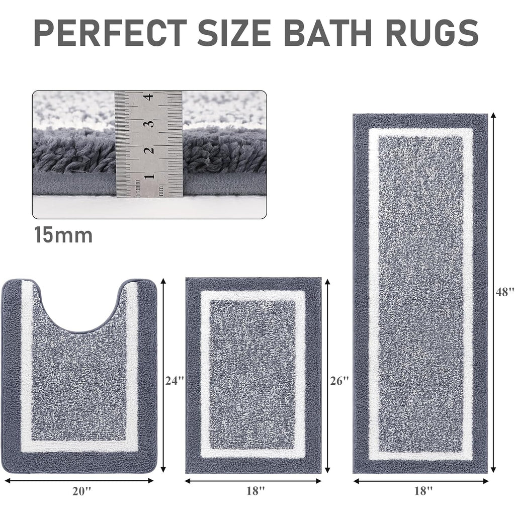 Pauwer Bathroom Rugs Set 3 Piece Non Slip Washable, Plush Absorbent Microfiber Bath Mat Shower Rug Runner Quick Dry, Super Soft U Shaped Toilet Mats Floor Carpet, Dark Grey