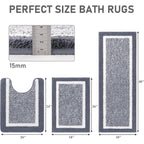 Pauwer Bathroom Rugs Set 3 Piece Non Slip Washable, Plush Absorbent Microfiber Bath Mat Shower Rug Runner Quick Dry, Super Soft U Shaped Toilet Mats Floor Carpet, Dark Grey