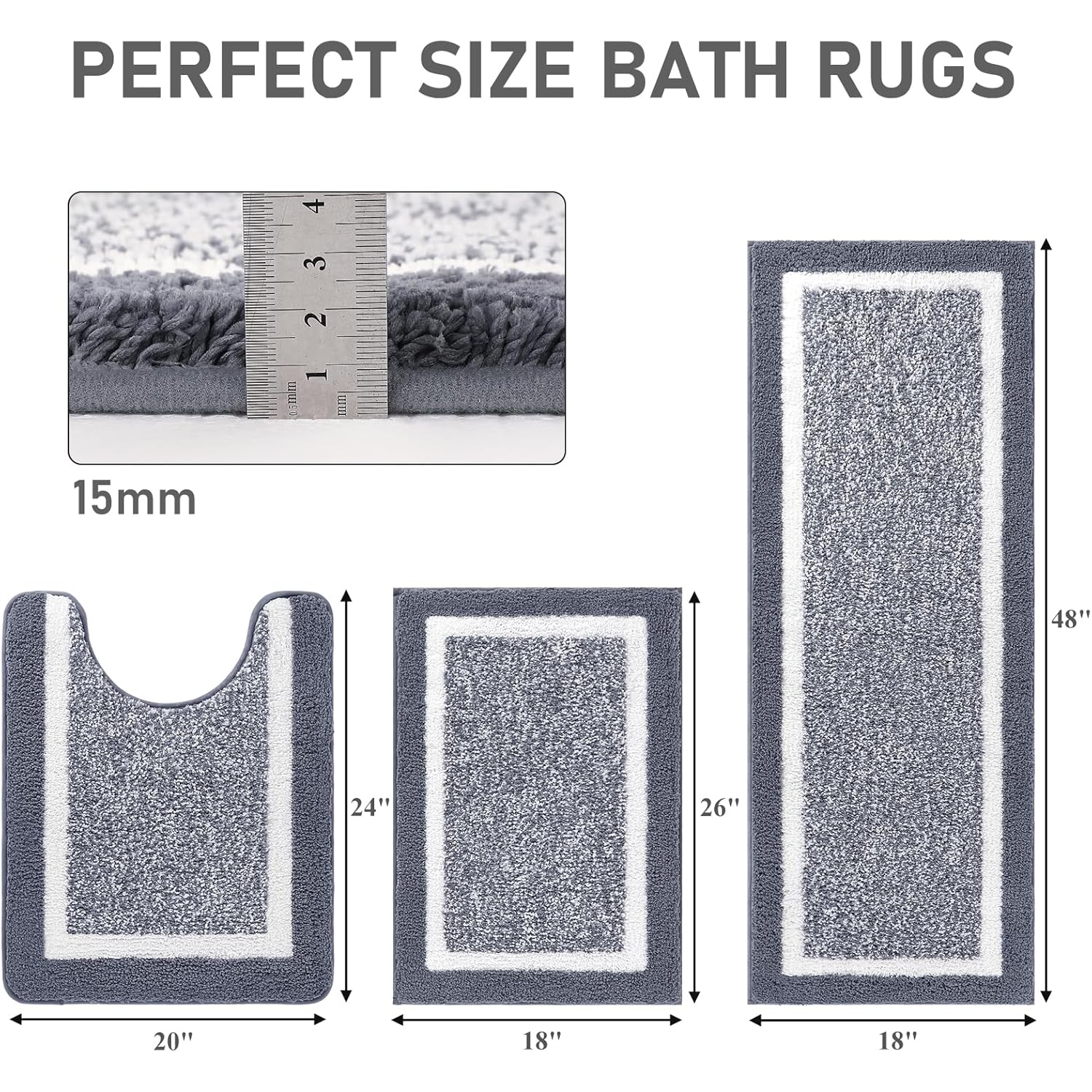 Pauwer Bathroom Rugs Set 3 Piece Non Slip Washable, Plush Absorbent Microfiber Bath Mat Shower Rug Runner Quick Dry, Super Soft U Shaped Toilet Mats Floor Carpet, Dark Grey