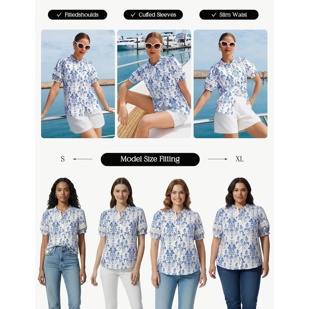 Women Boho Floral Tops, Summer Short Eyelet Sleeve Dressy Casual Shirts, Spring Button Down Blouse 2026 Trendy