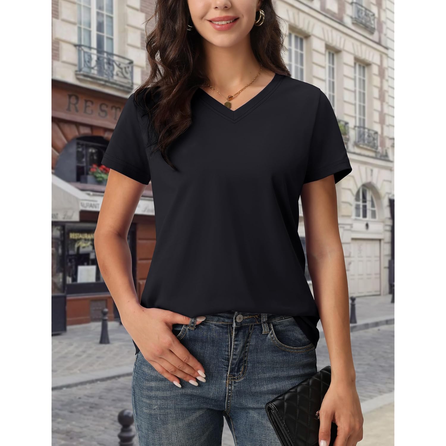 Women's Cotton T Shirt V-Neck Short Sleeve Shirt Classic-Fit Casual Breathable Tee Summer Basic Tops