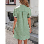 Wenrine Womens Summer Striped Mini Dresses Puff Short Sleeve Loose Fit Casual Button Collared Shirt Dress With Pockets