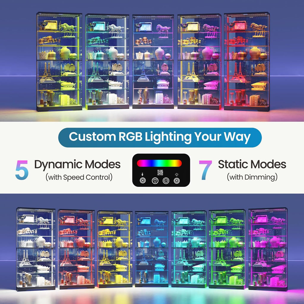 10-Tier Glass Display Cabinet With Rgb Light&Auto Sensor,Gaming Room,Black | 71''H Lockable Curio Cabinet With Glass Doors,China Cabinets With Removable Shelves For Collectibles,Lighted Showcase