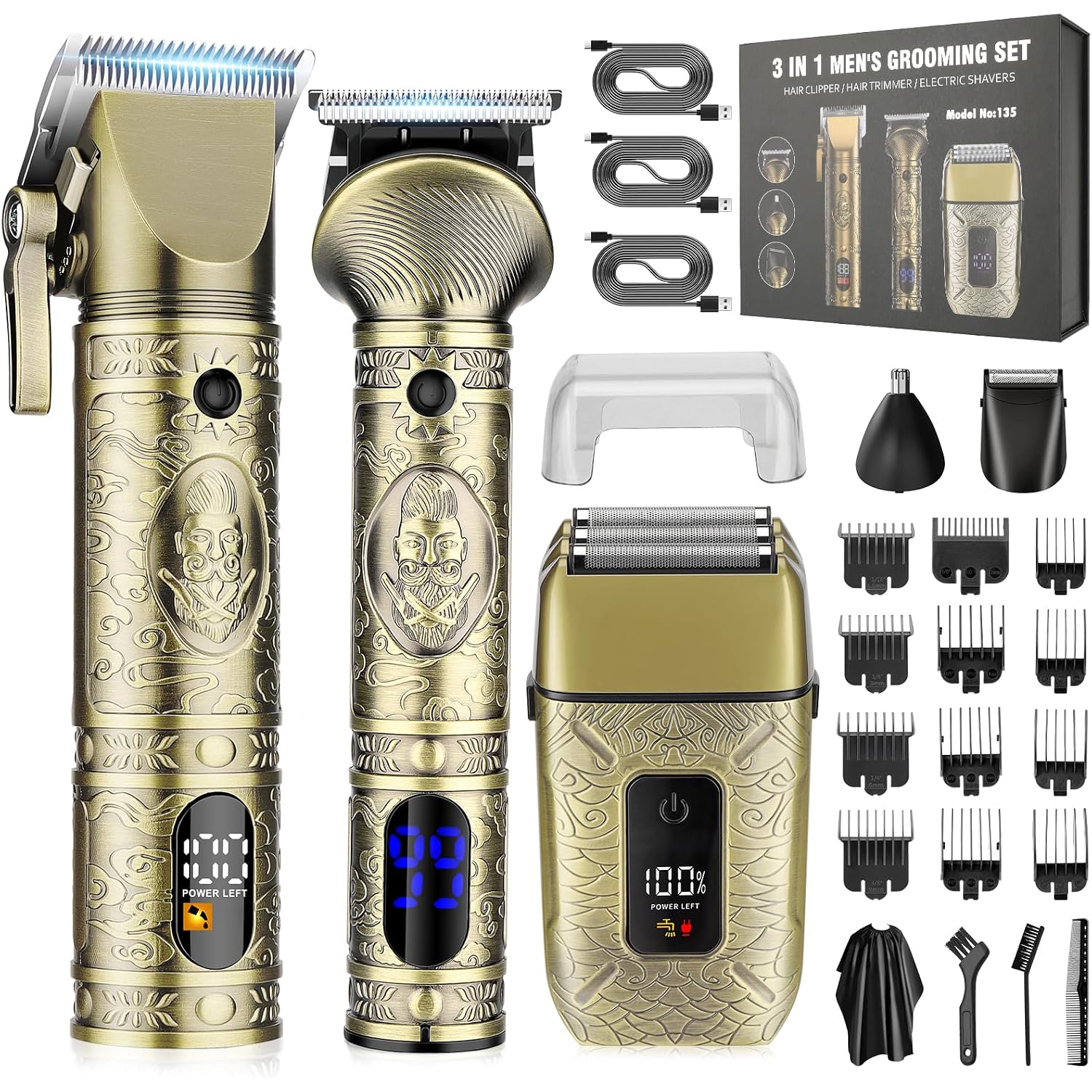 Professional Hair Clippers For Men Electric Razor Shavers Nose Hair Trimmer And Detail Trimmer 5 Pcs Set，Cordless Beard Trimmer Barber Clippers For Hair Cutting Mens Grooming Kit