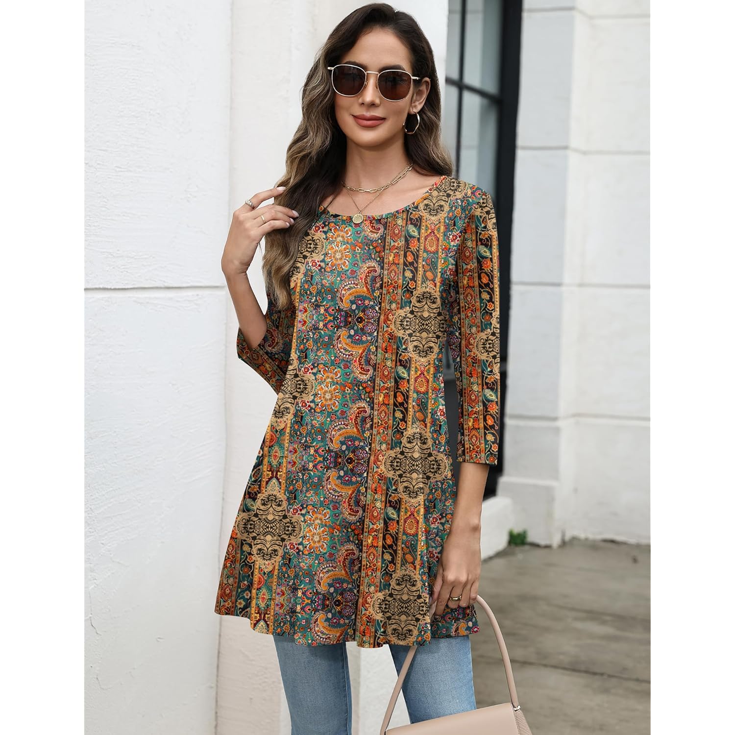 Women Tops 3/4 Sleeve Dressy Casual Plus Size Tunics to Wear with Leggings Swing Flare T-Shirt Loose Blouses