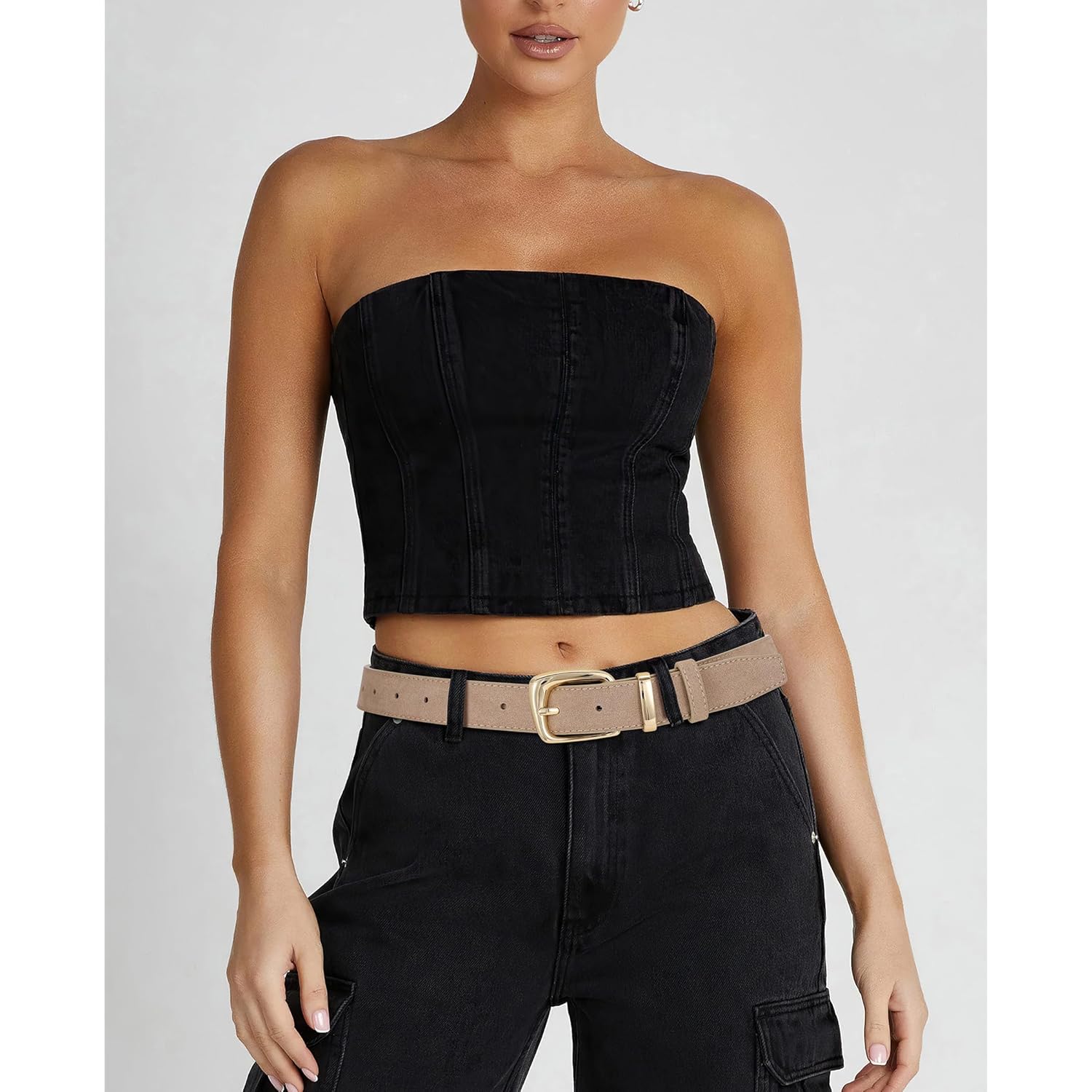 SANSTHS Women Suede Leather Belt for Dresses Jeans Fashion Retro Gold Buckle Ladies Waist Belts