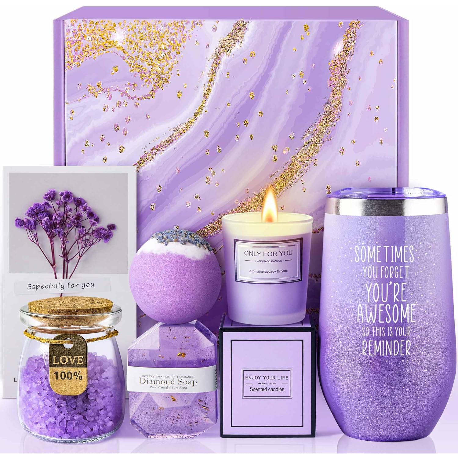 Gifts for Women, Mom, Wife, Girlfriend, Sister, Her - Happy Birthday, Christmas, Valentine's Day, Mothers Day Gifts - Lavender Spa Gift Basket Set