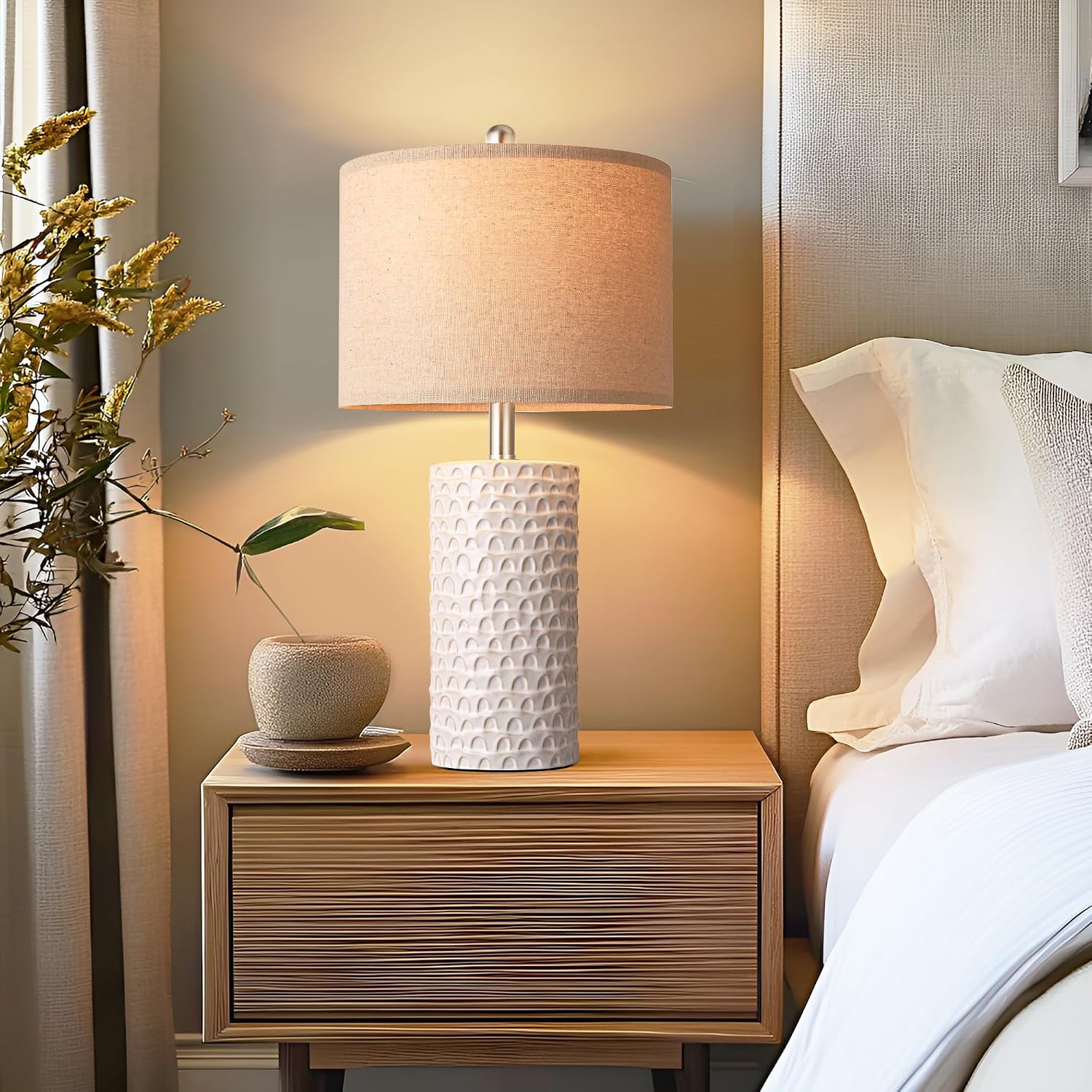 23" Modern Ceramic Table Lamp Set Of 2, Table Lamps For Living Room, Rustic Farmhouse Bedside Lamps Nightstand Lamp For Bedroom, White Desk Lamp For End Table Home Decor Beige