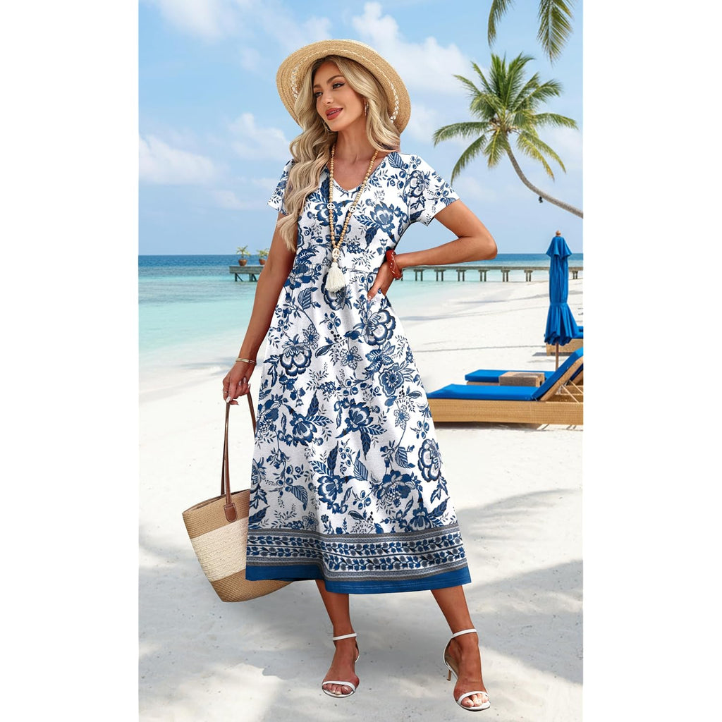 Ofeefan Summer Dresses For Women Flowy Casual A-Line Midi Dress Beach Vacation Sundresses With Pockets S-2Xl