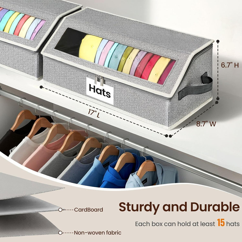 Hat Organizer For Baseball Caps, 2-Pack Stackable Hat Storage Box Holds 30 Caps, Foldable Cardboard Holder With Clear Dust-Proof Window For Closet, Grey