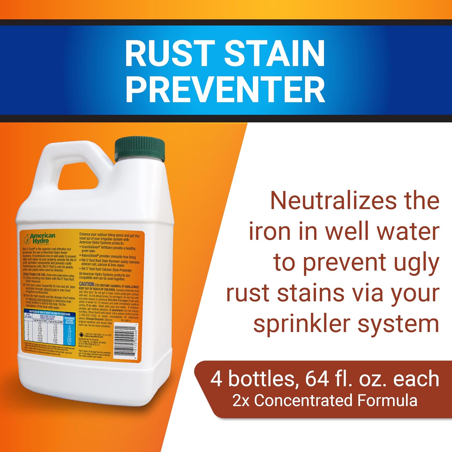 Rid-O-Rust Outdoor Rust Preventer, Concentrated Formula, Prevents Stains Caused By Irrigation, 64 Fluid Ounce Bottles (4 Pack)