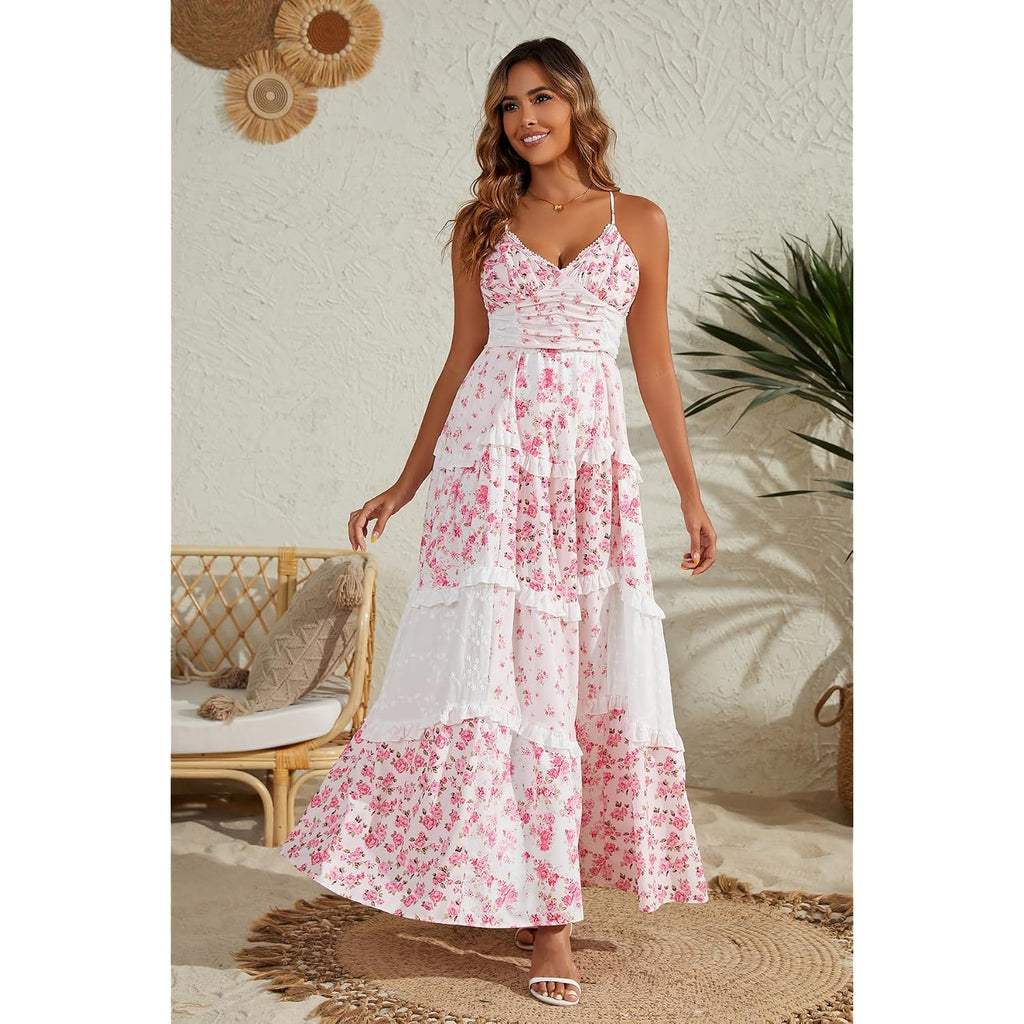 Women Floral Maxi Dress Spaghetti Straps V Neck Lace Patchwork Flowy Tiered Boho Beach Sundress Long Dresses