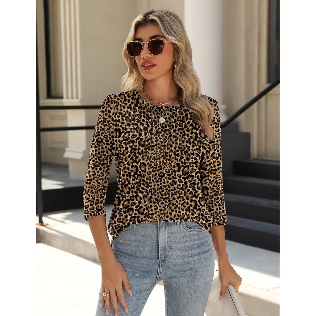 Zeagoo 3/4 Length Sleeve Womens Tops Crew Neck Loose Fit Shirts Pleated Cute Clothes Dressy Casual 2026 Summer Tunics