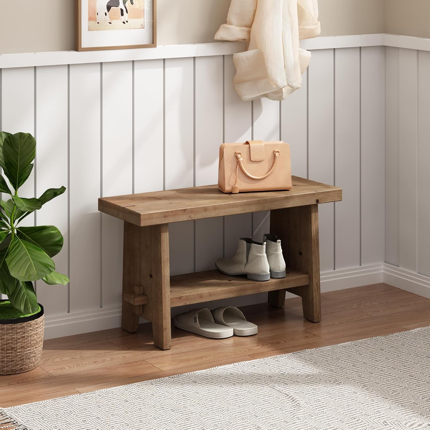 Solid Wood Entryway Bench - 31.5" Farmhouse Small Storage Bench, Rustic Narrow Bench Seat For Indoor, Entryway, Dining Room, Living Room And Hallway, Brown