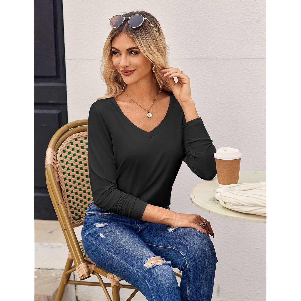 Zeagoo Womens T Shirts Long Sleeve V Neck Basic Tee Casual Loose Fit Soft Fall Tops Outfits 2026 S-Xxl