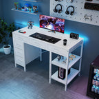 Sweetcrispy 47" Computer Desk With 6 Fabric Drawers, Home Office Gaming Desks With Storage Shelves For Bedroom, Writing Study Corner Living Room Work Table White