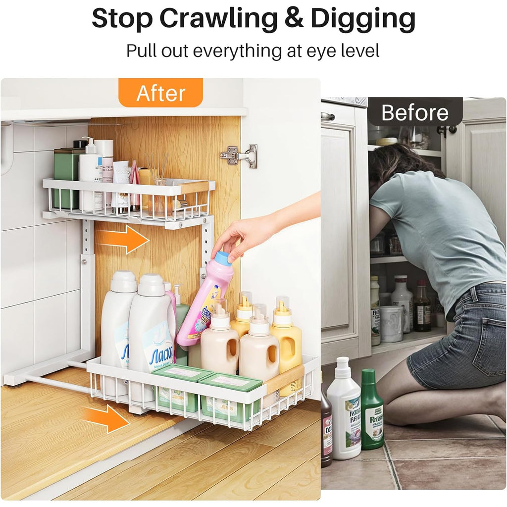 PXRACK Under Sink Organizer, Adjustable Height, 2 Tier Pull Out Under Cabinet Organizer, Slide Out Thickened Metal Under Sink Storage for Kitchen Bathroom Laundry Pantry Cabinet, White, Large-2-Pack