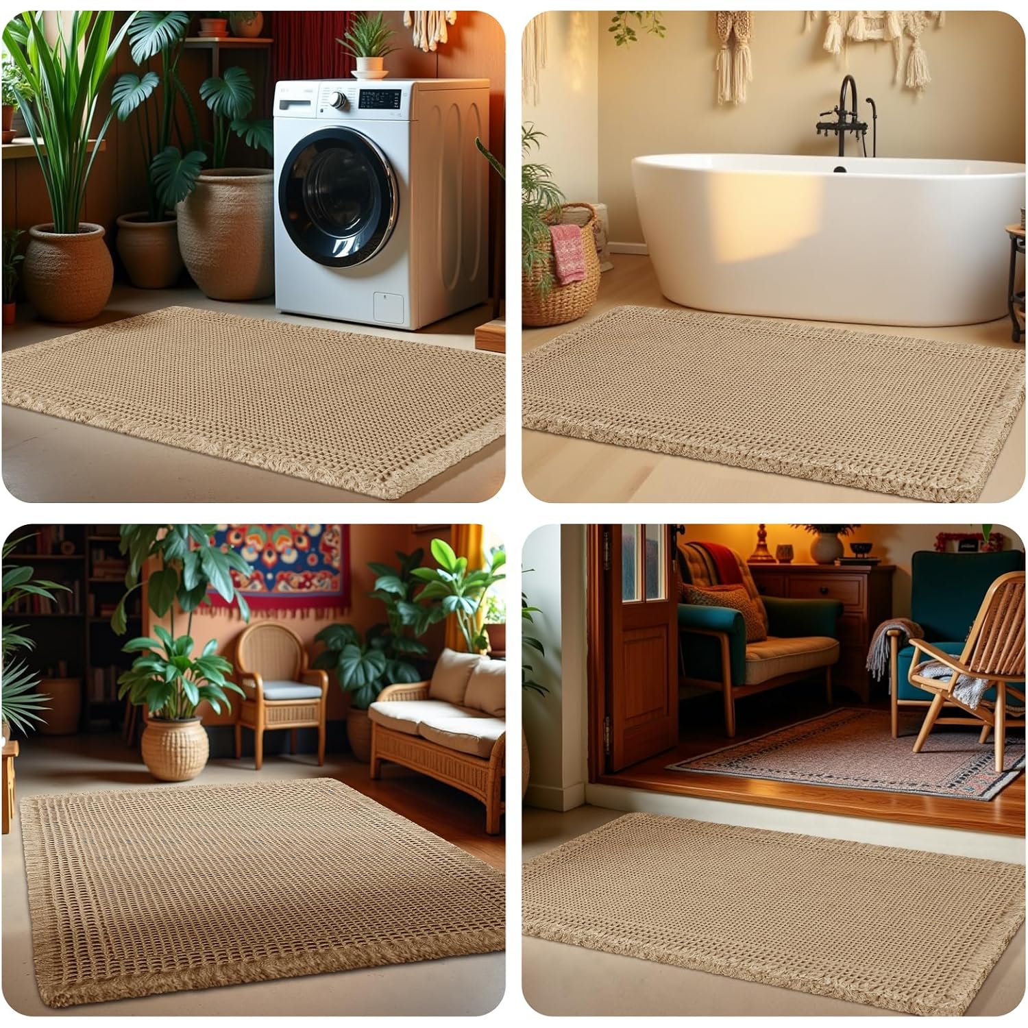 Upgrade Waffle Bath Mat, Boho Bathroom Rugs Absorbent Non Slip, Ultra Soft Bathroom Mat, Machine Washable Knit Bath Rugs With Border For Bathroom, Bedroom, Kitchen, Shower, Tub, 32"X20", Beige
