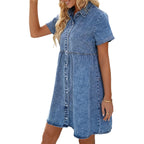 Lookbookstore Women'S Short Sleeve Button Down Flowy Tiered Babydoll Denim Dress
