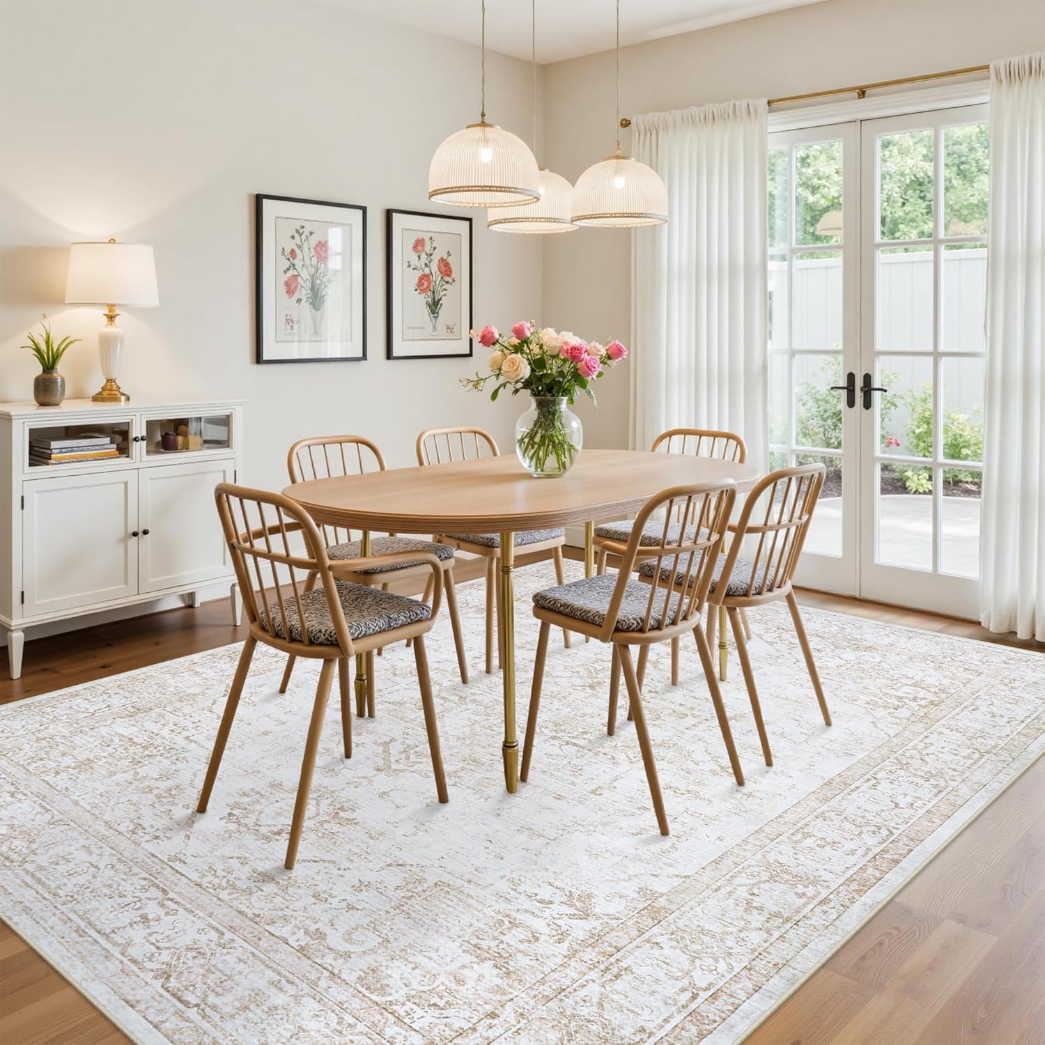 8x10 Area Rugs for Living Room:Beige Washable Vintage Medallion Rug Non-Slip Soft Low Pile Large Rugs Indoor Retro Carpet for Bedroom Kitchen Nursery Dining Table Office (Beige, 8'x10')