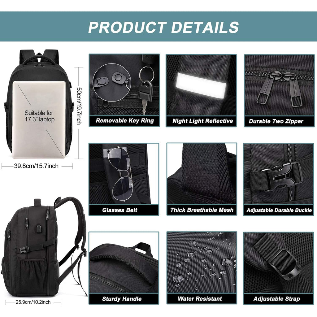 Extra Large Backpack For Men 50L,Water Resistant 17.3 Inch Travel Laptop Backpack With Usb Charging Port,Tsa Friendly Big Business Anti Theft Computer Bag Work College School Bookbags Gifts,Black