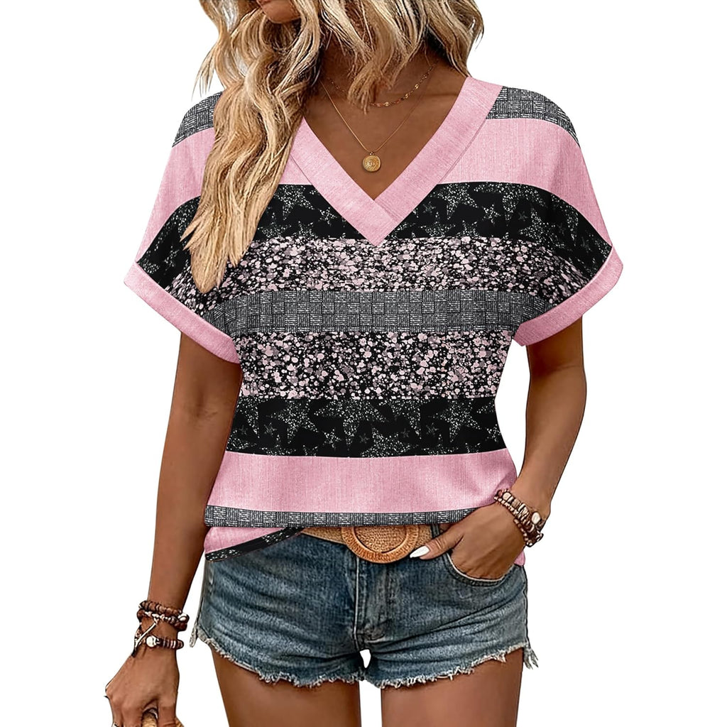 Womens Summer Tops Rolled Short Sleeve V Neck Shirts Casual Dressy Business Work Blouses Outfits