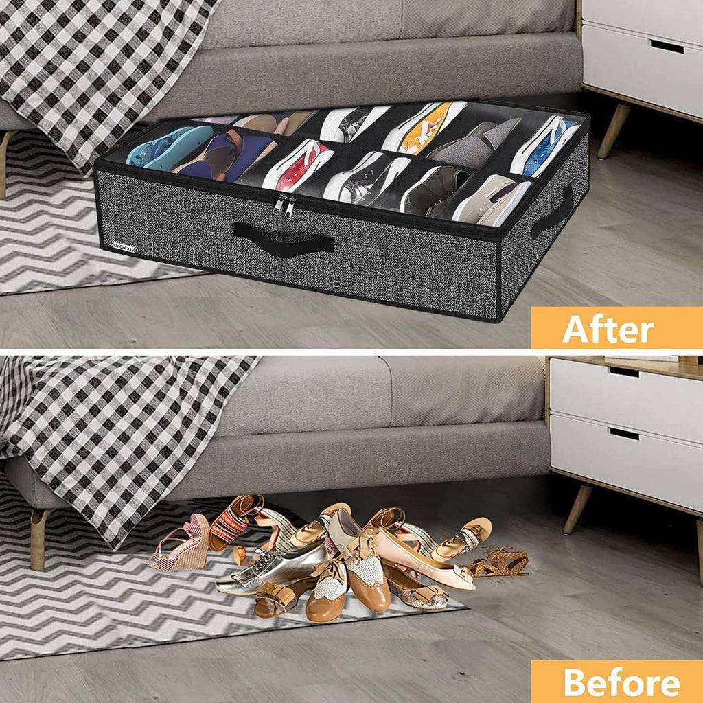 Onlyeasy Sturdy Under Bed Shoe Storage Organizer, Set Of 2, Fit 12 To 24 Pairs, Underbed Shoes Closet Storage Solution With Clear Window, Breathable, L29.3 X W23.6 X H5.9, Linen-Like Black, Mxaubsb2P