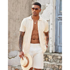 Coofandy Mens Knit Button Down Shirts Casual Textured Polo Shirt Short Sleeve Vintage Summer Beach Tops