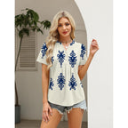 LOMON Womens Summer Tops Boho V Neck Pleated Blouses Dressy Casual Short Sleeve Shirts Vacation Outfits