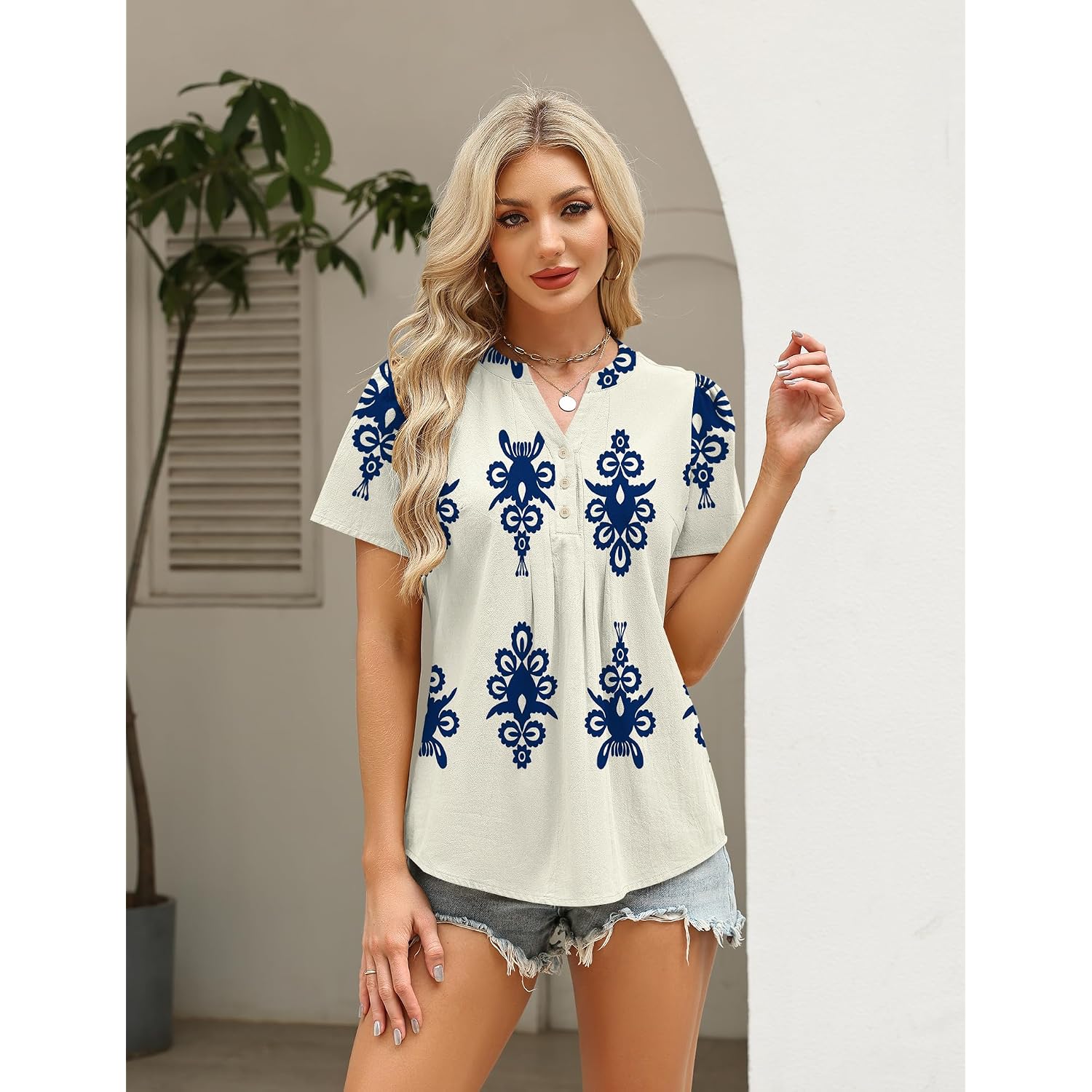 LOMON Womens Summer Tops Boho V Neck Pleated Blouses Dressy Casual Short Sleeve Shirts Vacation Outfits