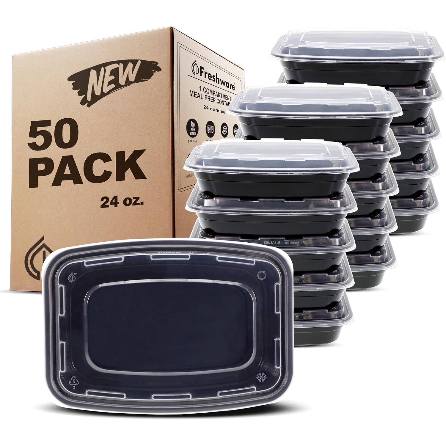 Freshware Meal Prep Containers [50 Pack] 1 Compartment With Lids, Food Storage Containers, Bento Box, Bpa Free, Stackable, Microwave/Dishwasher/Freezer Safe (24 Oz)